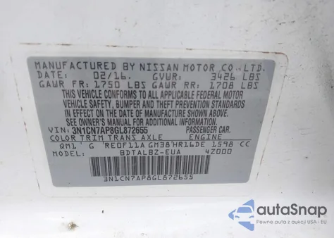 2016 Nissan Versa 1.6 S/1.6 S+/1.6 Sl/1.6 Sv from USA, damaged, VIN 3N1CN7AP8GL872655